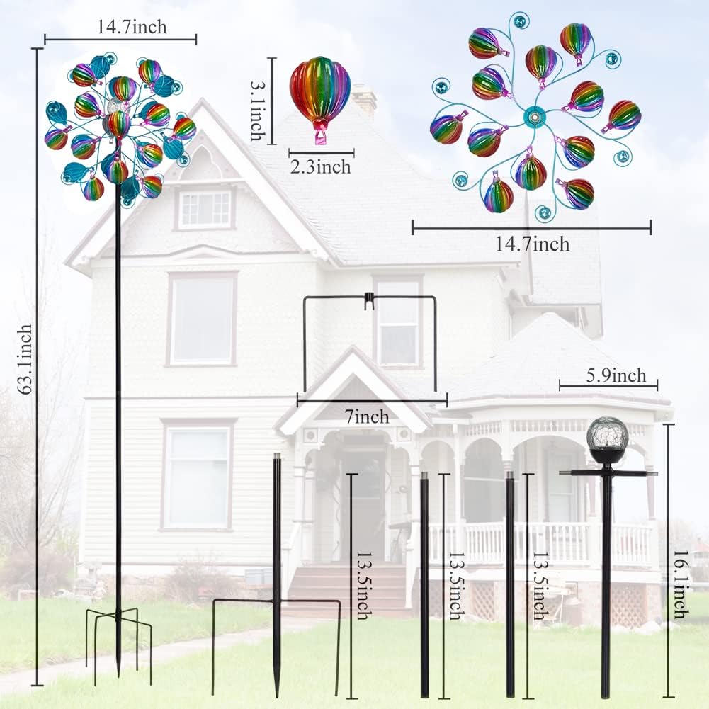 Solar Wind Spinners Outdoor,Hot Air Balloon Wind Spinner with LED Glass Ball,Muti-color Wind Spinners for Yard and Garden,Pinwheels Kinetic Wind Spinner,Wind Sculptures & Spinners for Pathway