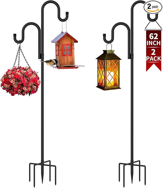 Double Shepherds Hooks for Outdoor, Bird Feeder Pole with 5 Prongs Base, Heavy Duty Garden Hook for Lantern, Wind Chime and Hummingbird Feeder, 62 Inch, 2 Pack