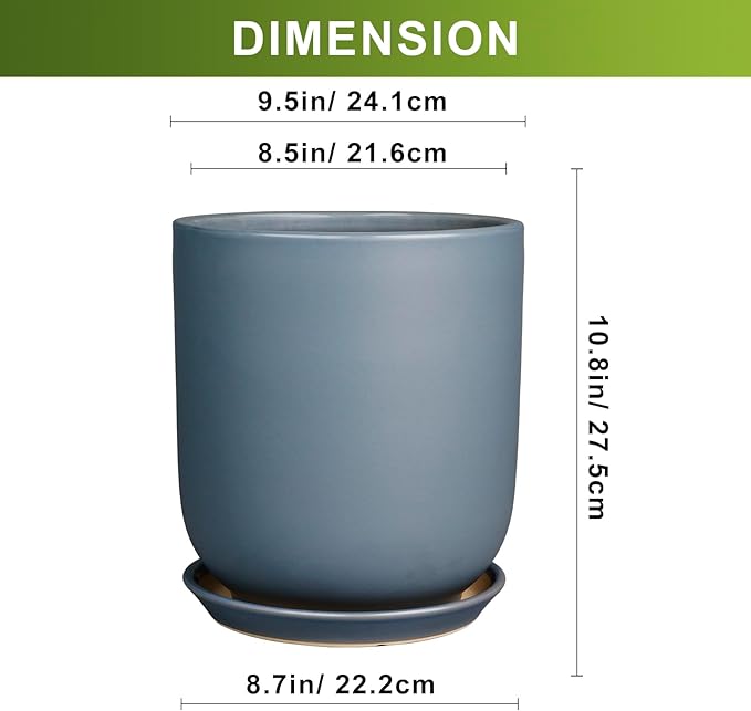 10 Inch Plant Pot - Ceramic Pot for Indoor Plants Outdoor Planter Large Flower Pot with Drainage Hole and Saucer Cylinder Gray
