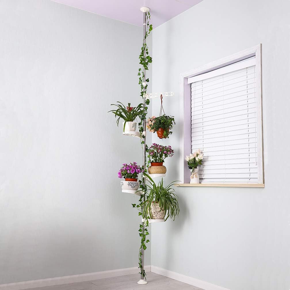 Hershii 5-Layer Indoor Plant Pole Spring Tension Rod Corner Flower Display Rack Adjustable Plant Pot Stand Holder Telescopic Floor to Ceiling Shelf Space Saving - Ivory