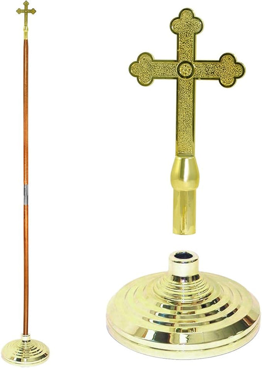 Super Tough Indoor Flag Pole kit 8ft -Fancy Cross Plastic -Gold Texture Base - Aluminum Flagpole with Brass Finish - Heavy Duty Inside House Flagstaff - Interior Shaft and Stand - No Ensign Included