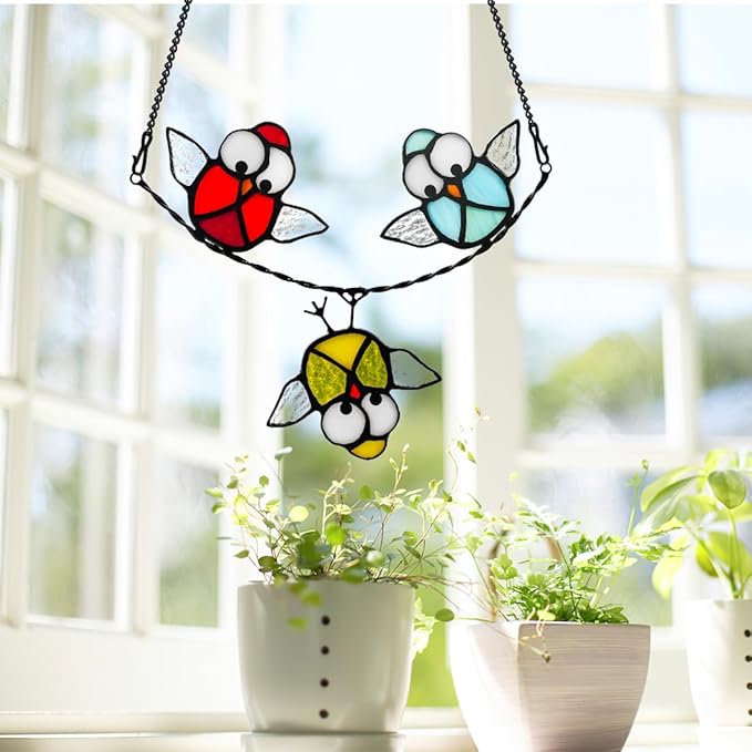 Owl Stained Glass Bird Suncatcher for Window,Best Bird Gifts for Bird Lovers Women,Stained Glass Bird Window Hangings,Best Teacher Gifts,Birthday Gifts,Housewarming Gifts