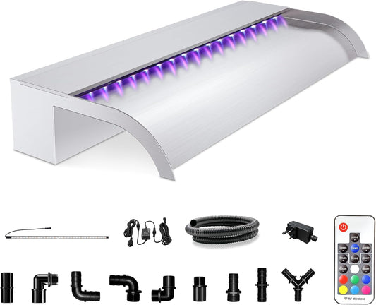 Waterfall Pool Fountain, LONGRUN Stainless Steel Waterfall Spillway for Pools and Ponds - 23.6" Wide Decorative Water Feature for Swimming Pools, Koi Ponds, and Garden