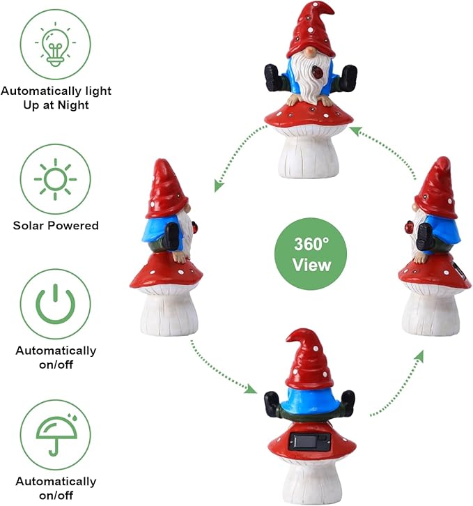 Solar Gnome Statues Outdoor Decor: Garden Figurines Sculpture with Mushroom for Yard Porch Patio Balcony - Gifts for Mother Grandma