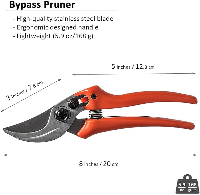 8" Lightweight Pruning Shears - Bypass Gardening Scissors, Sharp Garden Clippers with Low-friction Painted Stainless Steel Blade