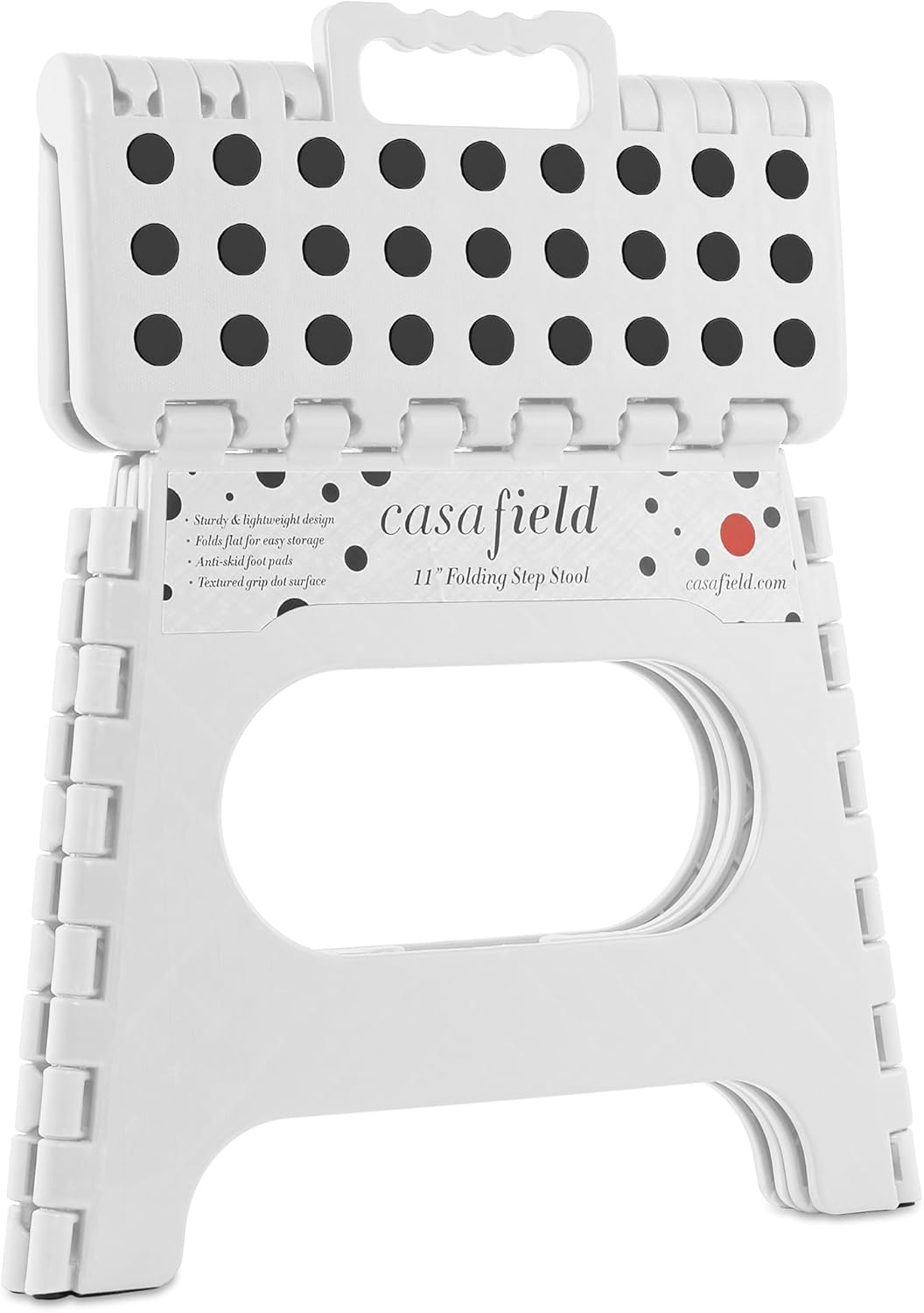 Casafield 11" Folding Step Stool with Handle, White - Portable Collapsible Small Plastic Foot Stool for Kids and Adults - Use in The Kitchen, Bathroom and Bedroom