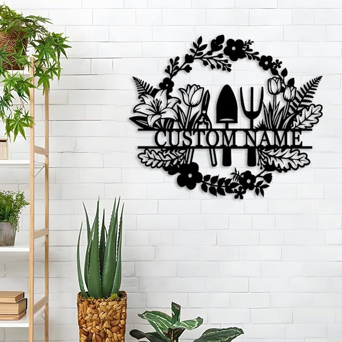 Custom Garden Metal Name Sign,Personalized Garden Tools with Flowers wall art,Gift For Gardener,Outdoor Yard Greenhouse decor style-21