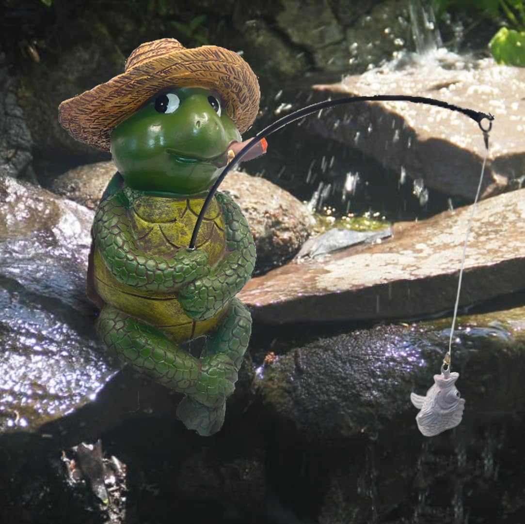 Tortoise Fishing Statue Garden Decor，9.8" Weatherproof Resin Tortoise Fishing Sculpture Decor for Fish Ponds, Koi Ponds, Waterfalls, Poolside Outdoor Gardens Resin Figurine for Indoor Outdoor Décor