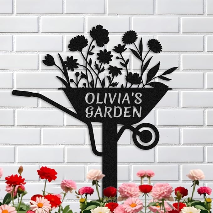 Personalized Metal Flower Garden Sign with Stake,Garden Cart Metal Art,Black Decor for Outdoor,Patio Yard Decor,Gifts for Gardeners style 13