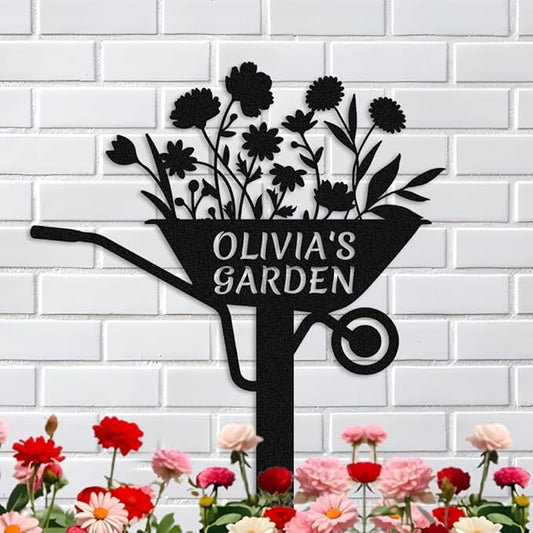 Personalized Metal Flower Garden Sign with Stake,Garden Cart Metal Art,Black Decor for Outdoor,Patio Yard Decor,Gifts for Gardeners style 13
