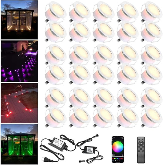 Smart LED Deck Light Kits - 30 Pack of 1.77" Low Voltage Recessed RGBW Deck Lights IP67 Waterproof for Outdoor Landscape Lighting on Steps, Floors & Pathways, Compatible with Alexa & Google Assistant