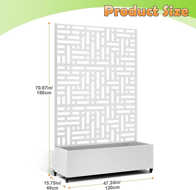 Metal Raised Garden Bed with Trellis, 2-in-1 Planter Box & Privacy Screen for Climbing Plants, Outdoor Standing Flower Bed with Drainage Holes, 47.2" L x 16.7" W x 70.8" H, White-Helen