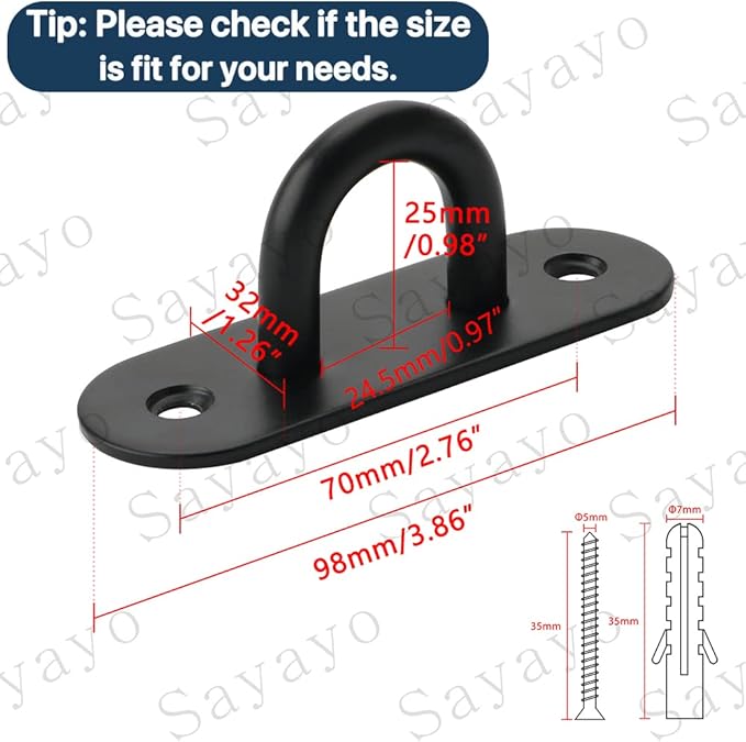 SAYAYO 6 PCS Pad Eye Plate Hooks U Ceiling Hook for Hanging Plants Outdoor Lights Swing Suspension Marine Hardware Staple Hook Loop with Screws Stainless Steel Wall Mount (Black)