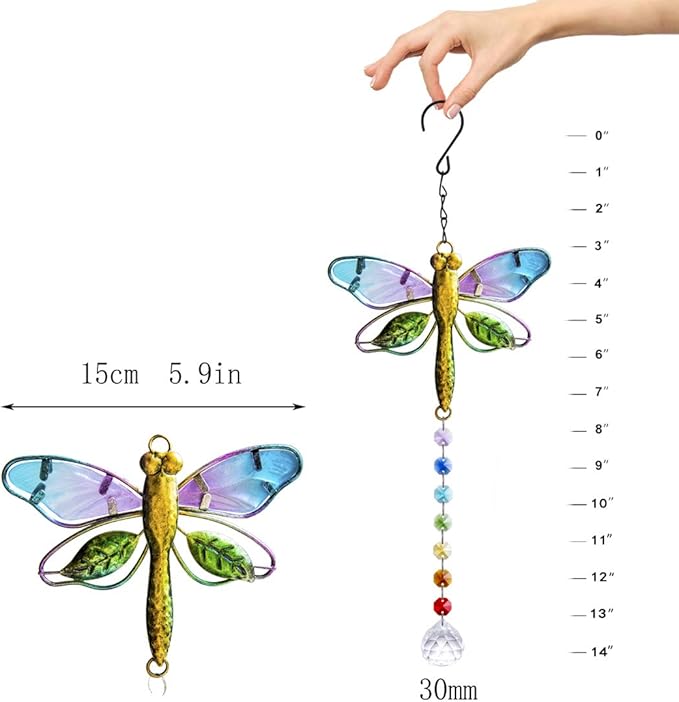 Dragonfly Decor Stained Glass Suncatcher for Windows Hanging Crystal Sun Catcher Prism Rainbow Maker Pendant