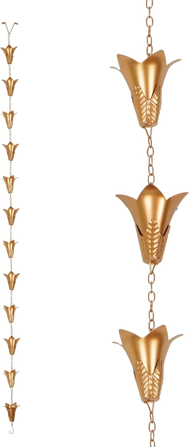 Topadorn Rain Chain Iron Gutter Chains with 12 Rain Collector Thick Iron Flower Cups Garden Decoration, 8.5 FT Rain Chain for Outdoor Ornament, Replacement for Downspout