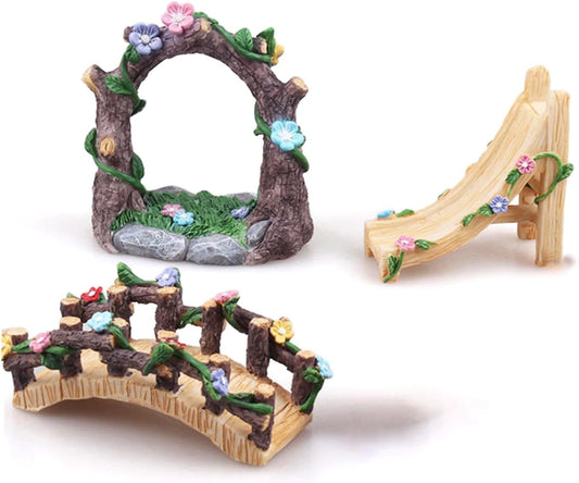 Kai Dream Miniature Fairy Garden Accessories Set, 3 Piece Resin Decorative Landscape Kit with Arch, Bridge and Slide, Floral Garden Ornaments