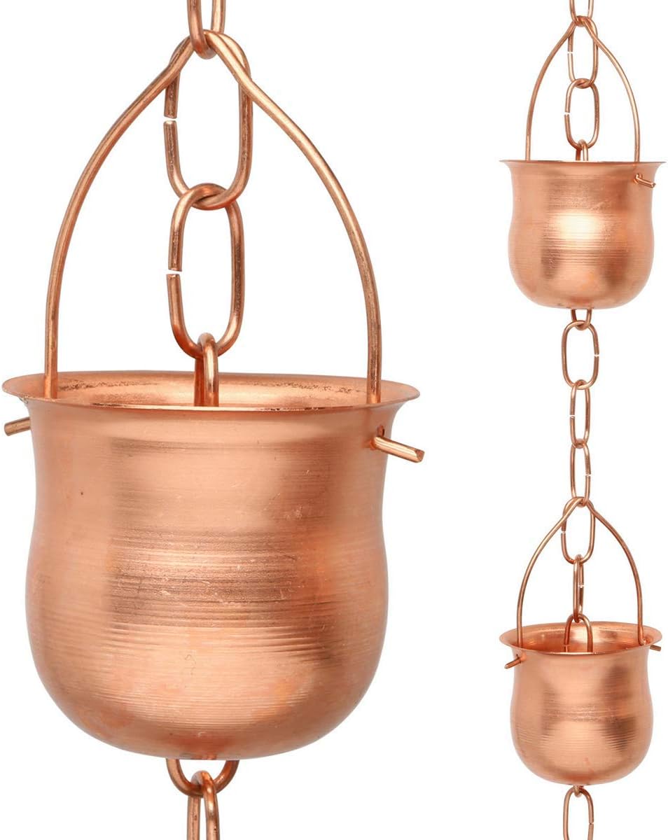 Copper Rain Chain – Decorative Chimes & Cups Replace Gutter Downspout & Divert Water Away from Home for Stunning Fountain Display – 6.5’ Long for Universal Fit – Pot Style