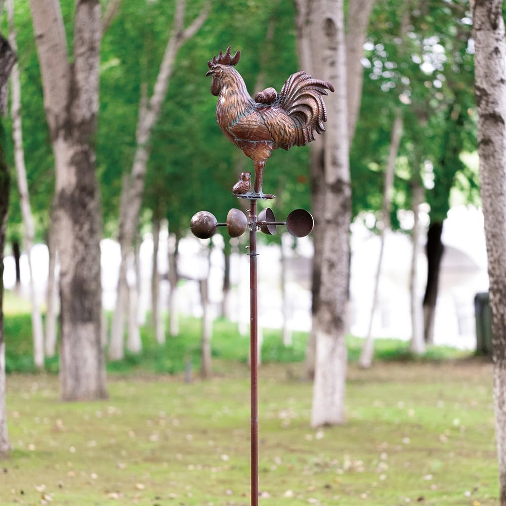 Metal Rooster w/Chicks Sculptures Statues,Outdoor Garden Yard Decor,79" Large Metal Kinetic Wind Spinners Outdoor Decorations,Antique Outdoor Chicken Garden Spinner Decor with Stake
