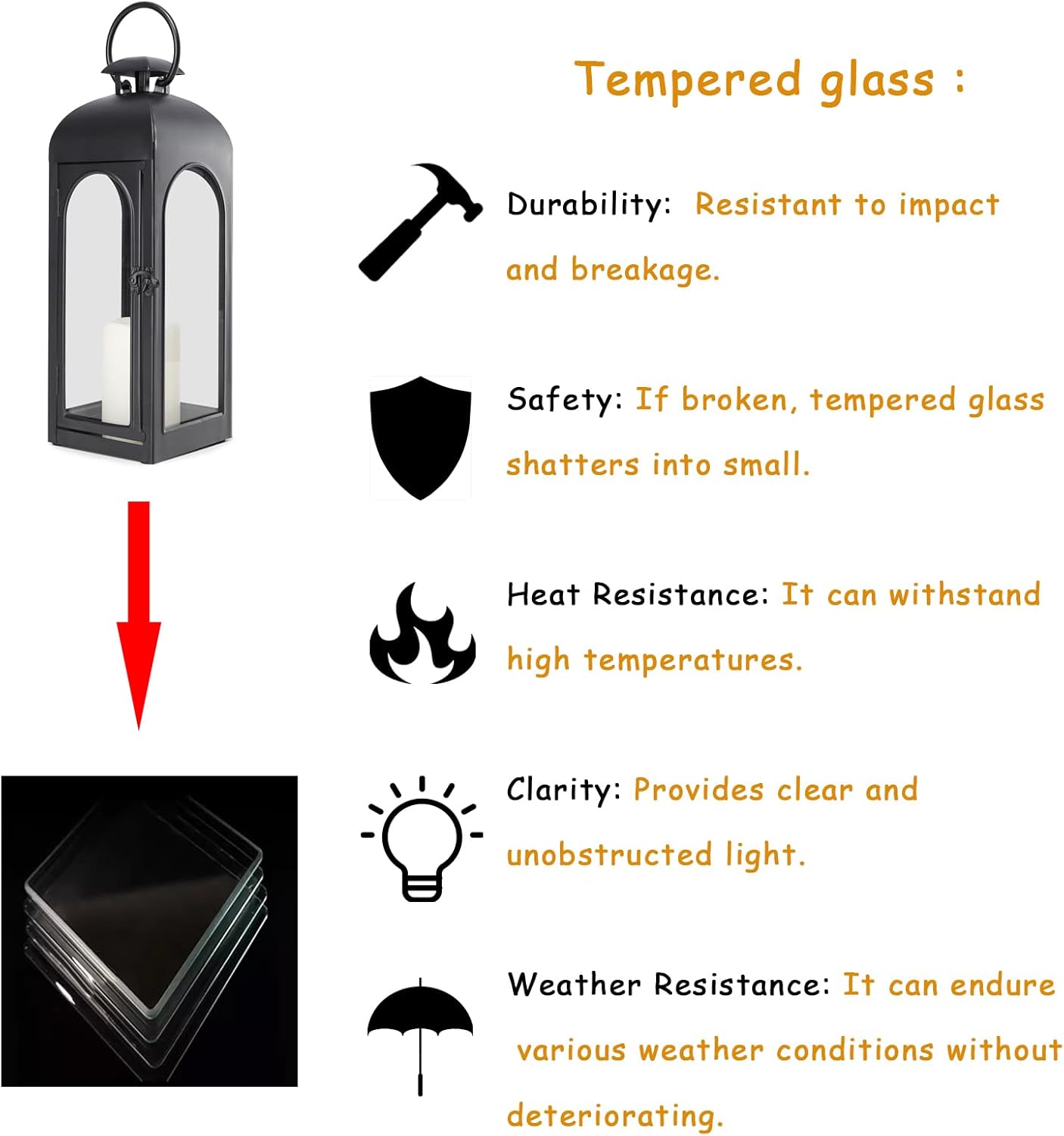 Bdor 2 Pack 16 Inches Metal and Tempered Glass Decorative Lantern with Electronic Wax Effect - Indoor/Outdoor Decorative Lighting, Handcrafted Aesthetic, Perfect for Home, Parties, and Holiday Decor