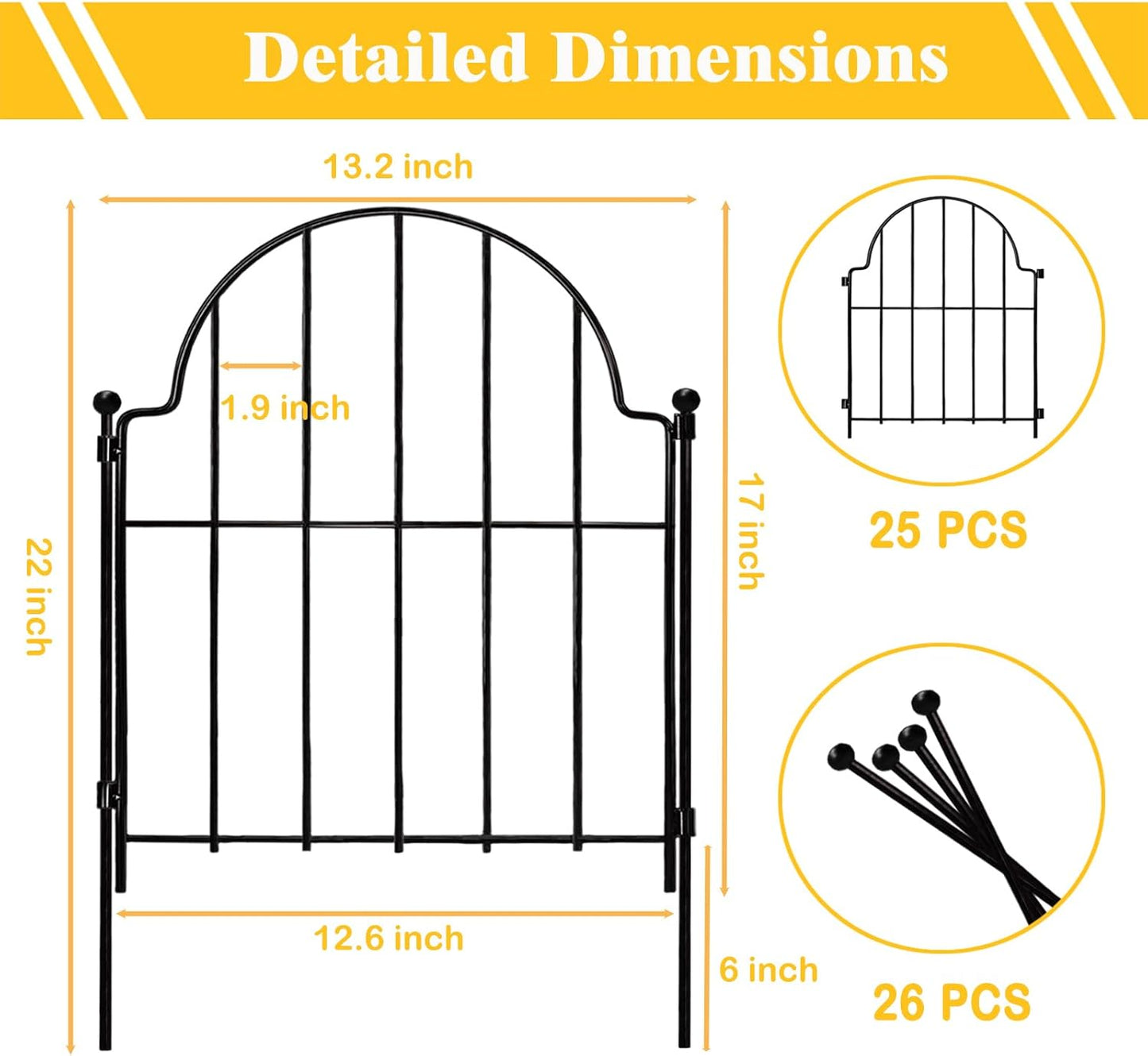 Garden Fence, 22 in(H) x 27.5 ft(L) Arched Rustproof Metal No Dig Fence Garden Fence Border,Ground Stake Animal Barrier Fence for Rabbit Dog, Outdoor Landscape Decor for Yard & Patio,25 Pack