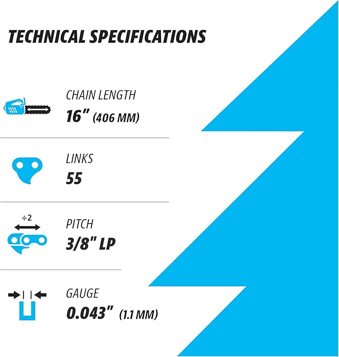 16 Inch Chainsaw Chain 3/8" LP Pitch, 043" Gauge, 55 Drive Links, German Steel, fits STIHL MS 170, MS 180, MS171, MS180c, 36100050055, 61PMM355E and more - R55 (3 Chains)