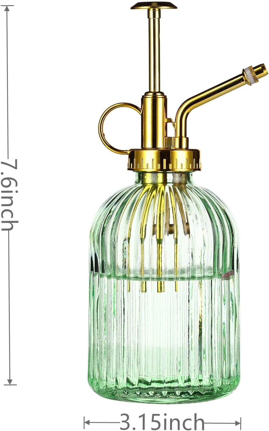 Glass Plant Mister Spray Bottle, 7.5" Green Glass Water Spray Bottle with Gold Top Pump Small Watering Can, Small Plant Sprayer Mister for Indoor Outdoor House,(Green+Gold E)