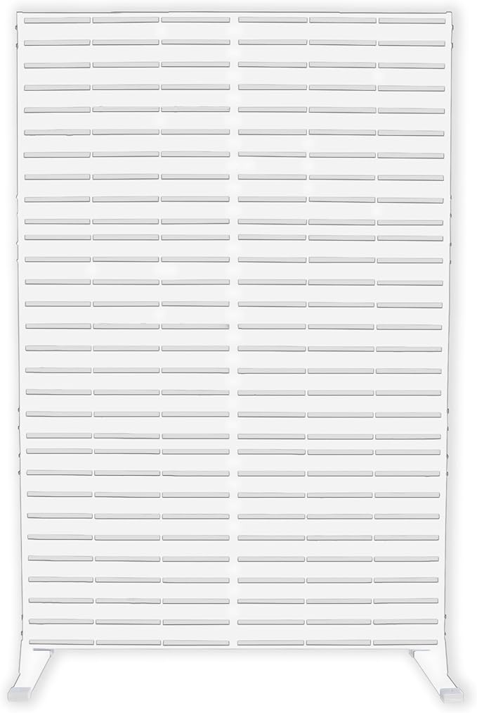 Kozyard Metal Privacy Screen 74" H x 47.2" W Decorative Outdoor Divider with Stand Panels Freestanding Screen Set for Deck Patio Balcony Garden Outdoor&Indoor (White/Horizontal Slat)