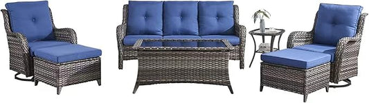 HUMMUH Outdoor Furniture Patio Furniture Set 7 Pieces Wicker Outdoor Sectional Sofa with Swivel Rocking Chairs,Patio Ottomans,Coffee Side Table