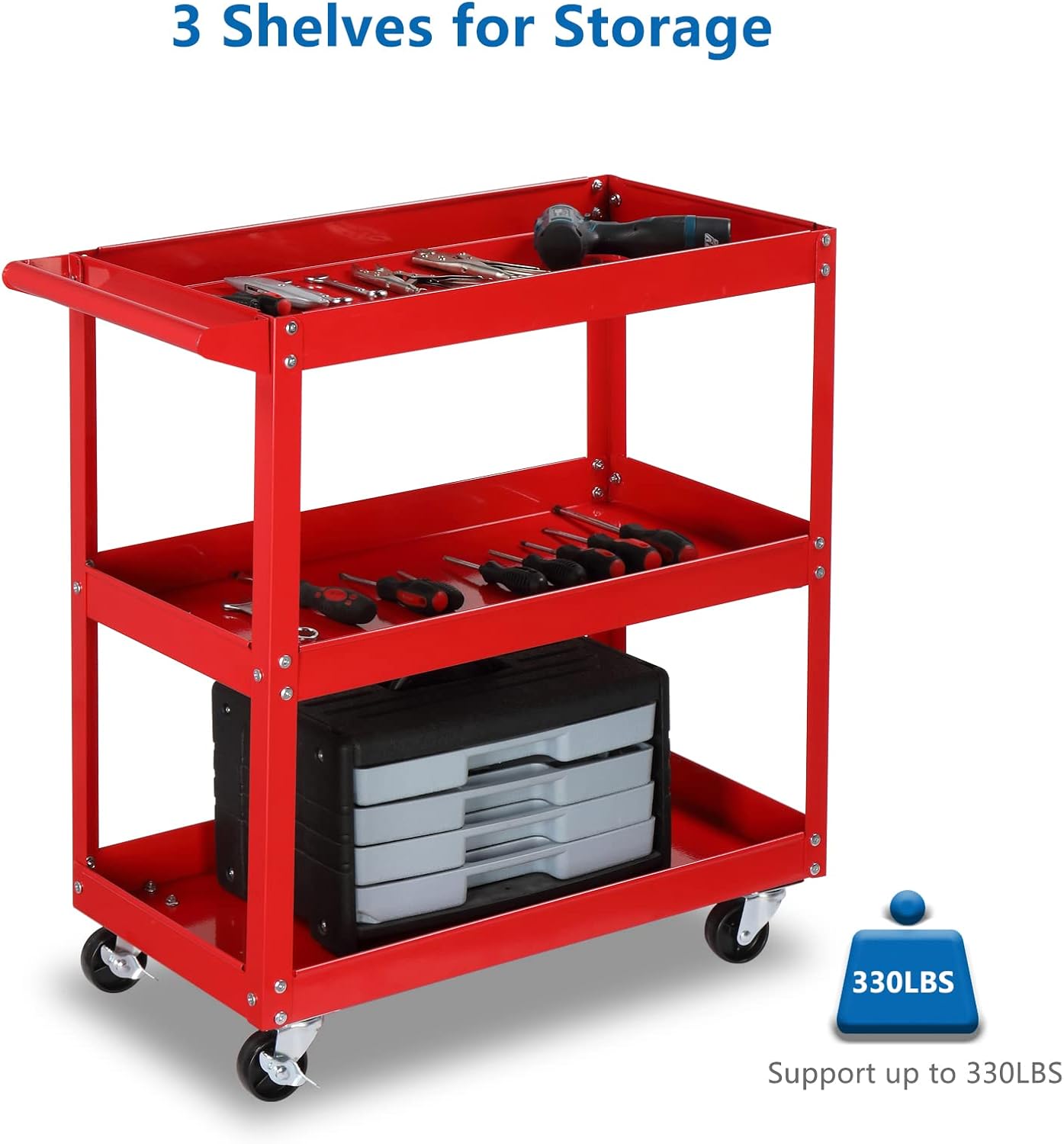 TUFFIOM 3 Tier Rolling Tool Cart, 330 Lbs Capacity, Red, 3 Shelves Steel Utility Cart for Garage, Workshop, Warehouse & Repair Shop