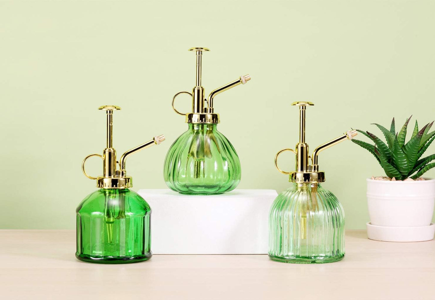 Glass Plant Mister Spray Bottle, 6.5" Green Glass Water Spray Bottle with Gold Top Pump Small Watering Can, Small Plant Sprayer Mister for Indoor Outdoor House (Green+Gold A)