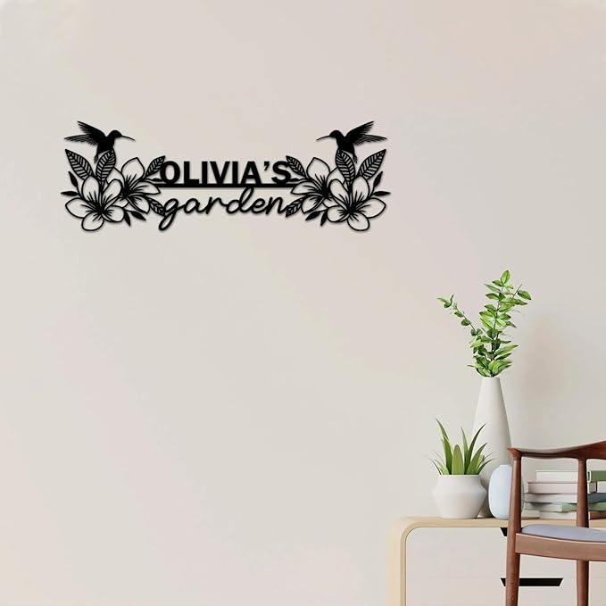 Personalized Garden Signs Hummingbirds - Custom Metal Garden Sign, Outdoor Garden Signs Personalized with Name, Floral Pattern Garden Sign, Mother Day Grandma Sister Gifts