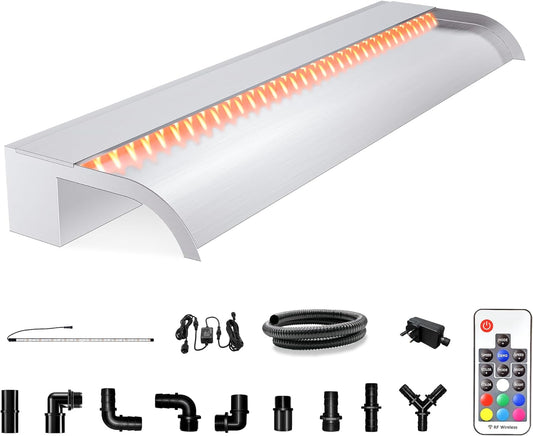 Waterfall Pool Fountain, LONGRUN Stainless Steel Waterfall Spillway for Pools and Ponds - 35.4" Wide Decorative Water Feature for Swimming Pools, Koi Ponds, and Garden