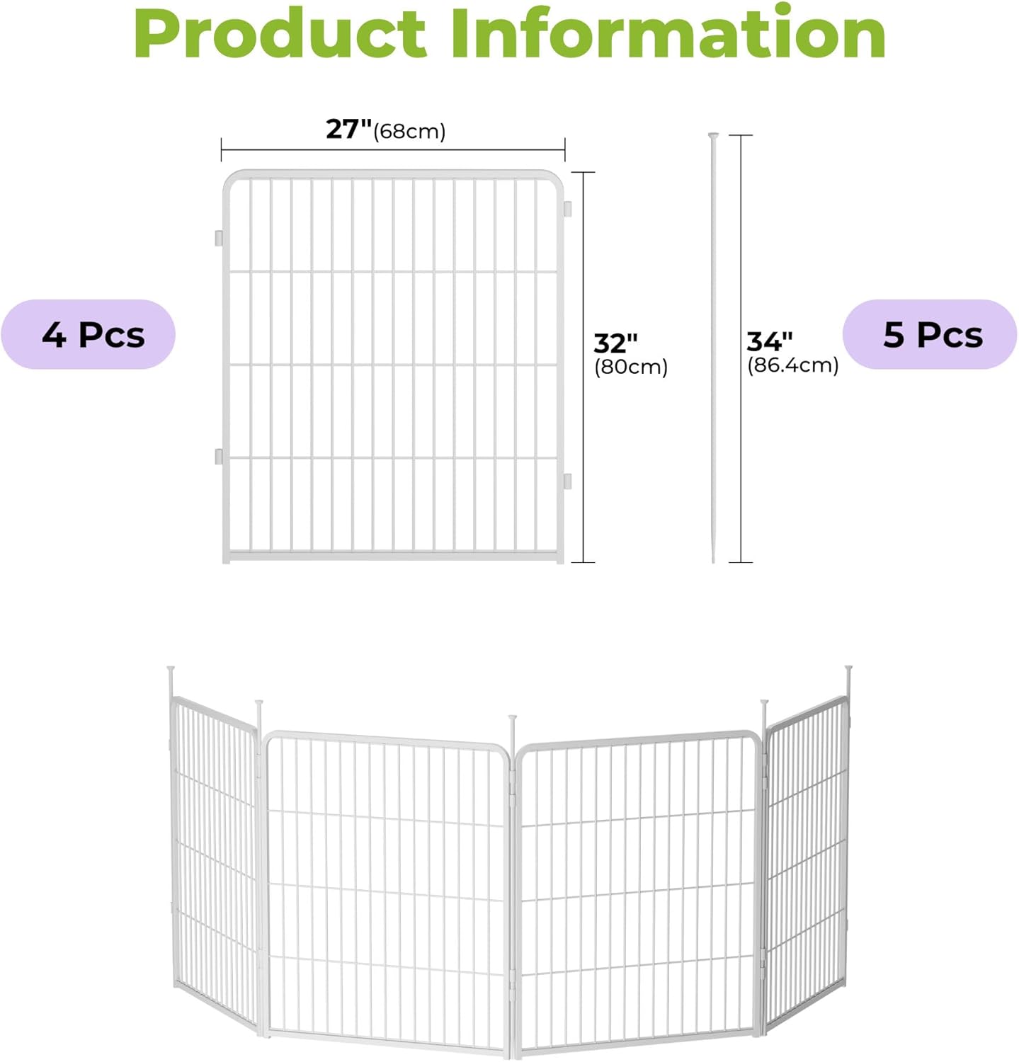 Doorless Garden Fence 32 in(H) x 8.9 ft(L) 4 Panels, Heavy Duty Metal Animal Barrier Fence, No Dig Fence for Dogs, Rabbit Fence for Garden, White