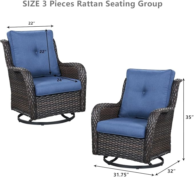 HUMMUH 4 Pieces Outdoor Furniture Patio Furniture Set Wicker Outdoor Sectional Sofa with Swivel Rocking Chairs,Outdoor Coffee Table,Brown/Blue