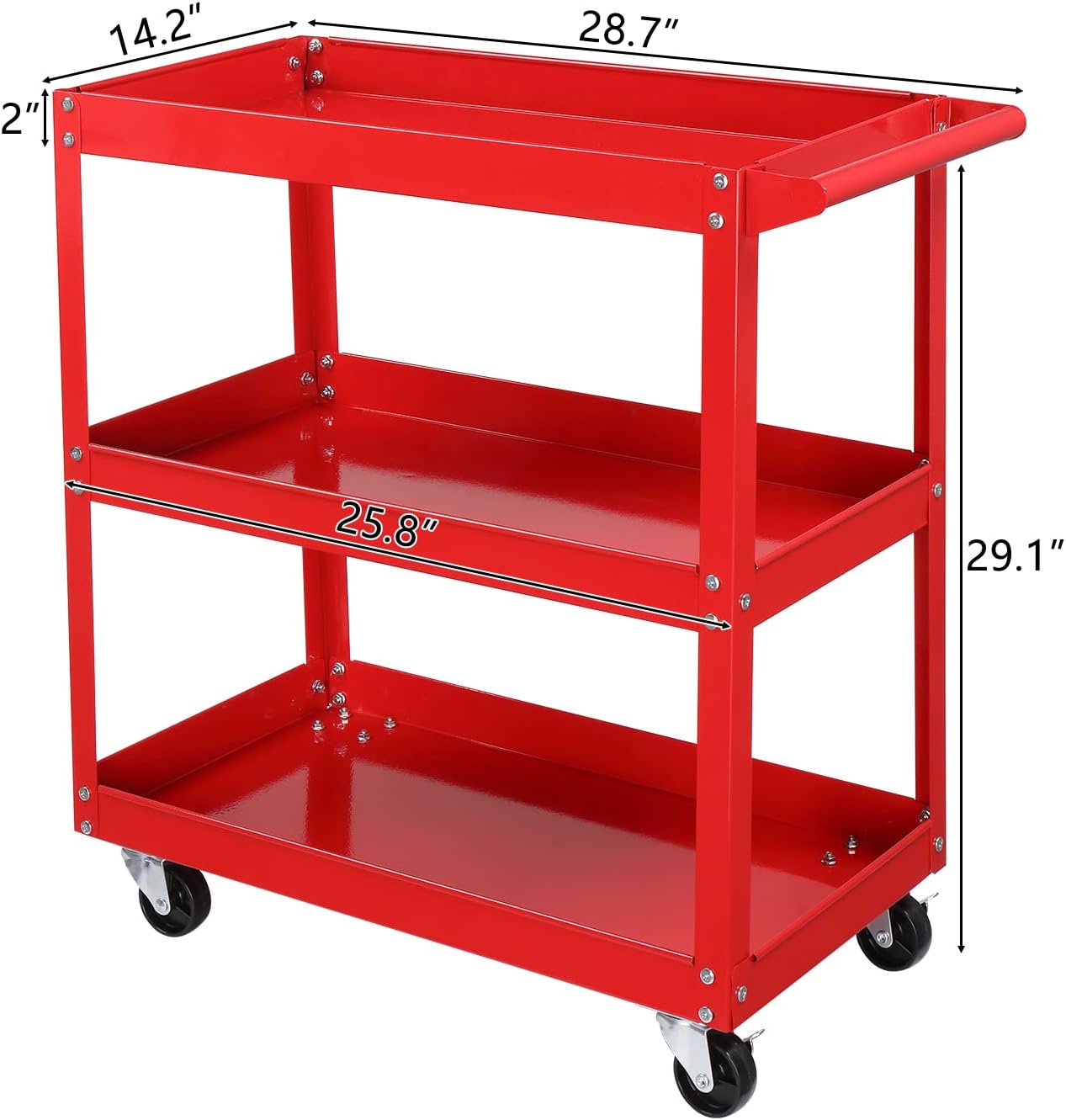TUFFIOM 3 Tier Rolling Tool Cart, 330 Lbs Capacity, Red, 3 Shelves Steel Utility Cart for Garage, Workshop, Warehouse & Repair Shop