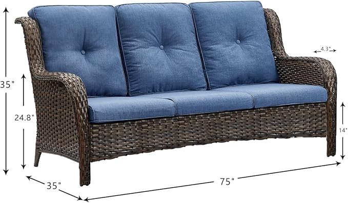 HUMMUH 4 Pieces Outdoor Furniture Patio Furniture Set Wicker Outdoor Sectional Sofa with Swivel Rocking Chairs,Outdoor Coffee Table,Brown/Blue