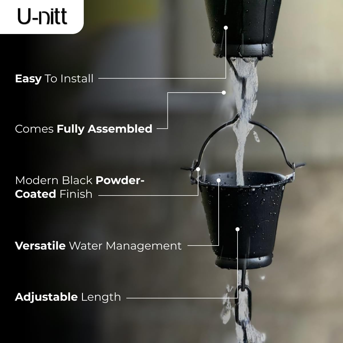 U-nitt Rain Chain Water Collection for Gutters, Rainwater Catcher & Diverter, 8.5 FT Chains for Outside Garden, Black Bucket Cups, Roof Downspout, Works with Heavy Rain, w/Gutter Clip for Rainchains