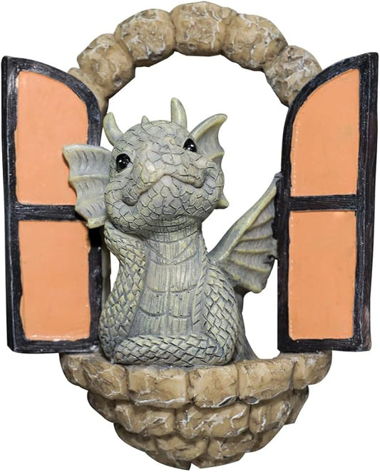 Dragon Garden Ornament Resin Craft Ornament Statue Fairy Door Yard Art Outdoor and Garden Solar Light Luminous Sand Open Door Dragon Wall Statue Outdoors Decor (Eye to Eye)