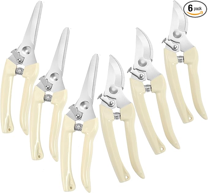 6PCS Ultra Sharp garden shears, Japanese pruning scissors gardening tools, pruners for flower, bushes, rose and fruit tree, use for florist, yard and orchard the plant clippers (White, 6)