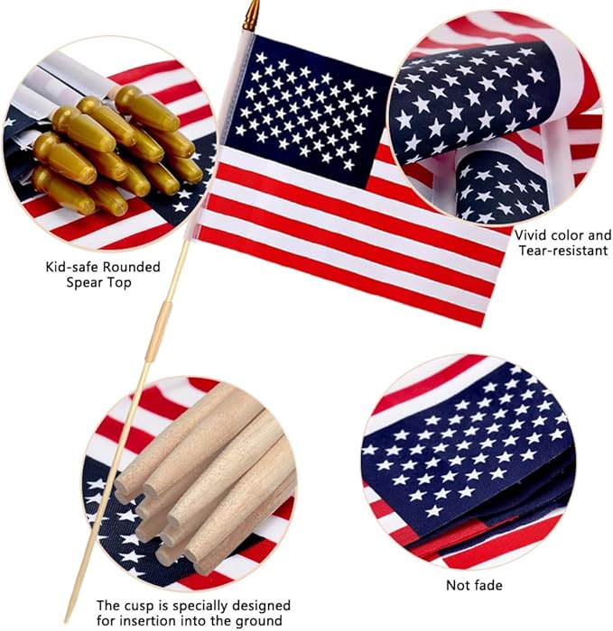 12 Pcs 12x18 Inch American Flags on Stick, American Flags for Outside, USA Stick Flag with Handheld and Grounded Multi-Purpose Flagpole, Memorial Day Decorations, 4th of July, Veterans Day, Patriotic Decorations