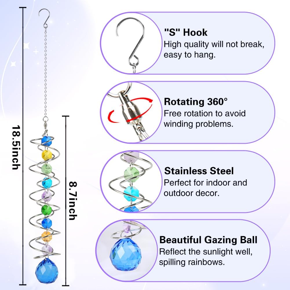 Sun Catchers, 2pcs Gazing Ball Spiral Tail Wind Spinners Crystal Suncatcher Prism Hanging Crystals Rainbow Maker for Windows Indoor Outdoor Garden Car Decorations Christmas Party Gifts for Girls Women