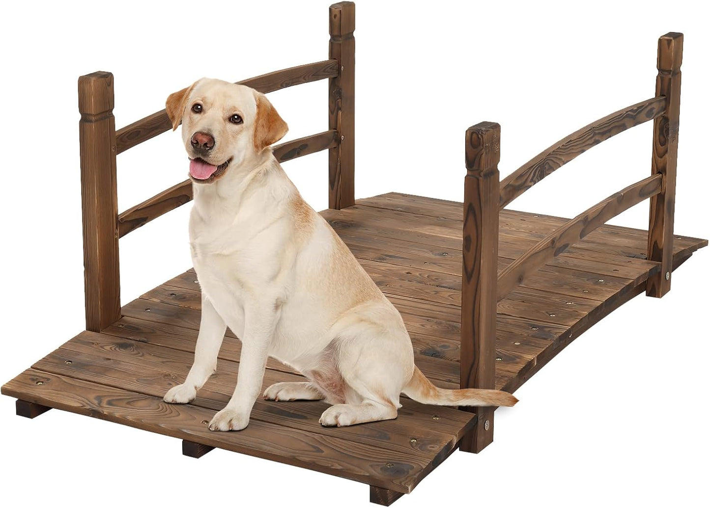 VINGLI 4 ft Garden Bridge, Arch Walkway Wooden Bridge with Safety Rails Carbonized Finished, Decorative Landscaping Footbridge for Koi Pond, Dry Creek Bed, Garden Pathway or Rustic Wedding Decor