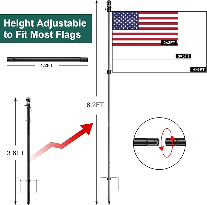 Yard Flag Pole for Outside House in Ground - 8.5 ft Tangle Free Stainless Steel Flagpole with 2 Anti-Tip Prong Base,Portable Flag Pole kit with 3x5 American Flag for Outdoor RV Camper,Black