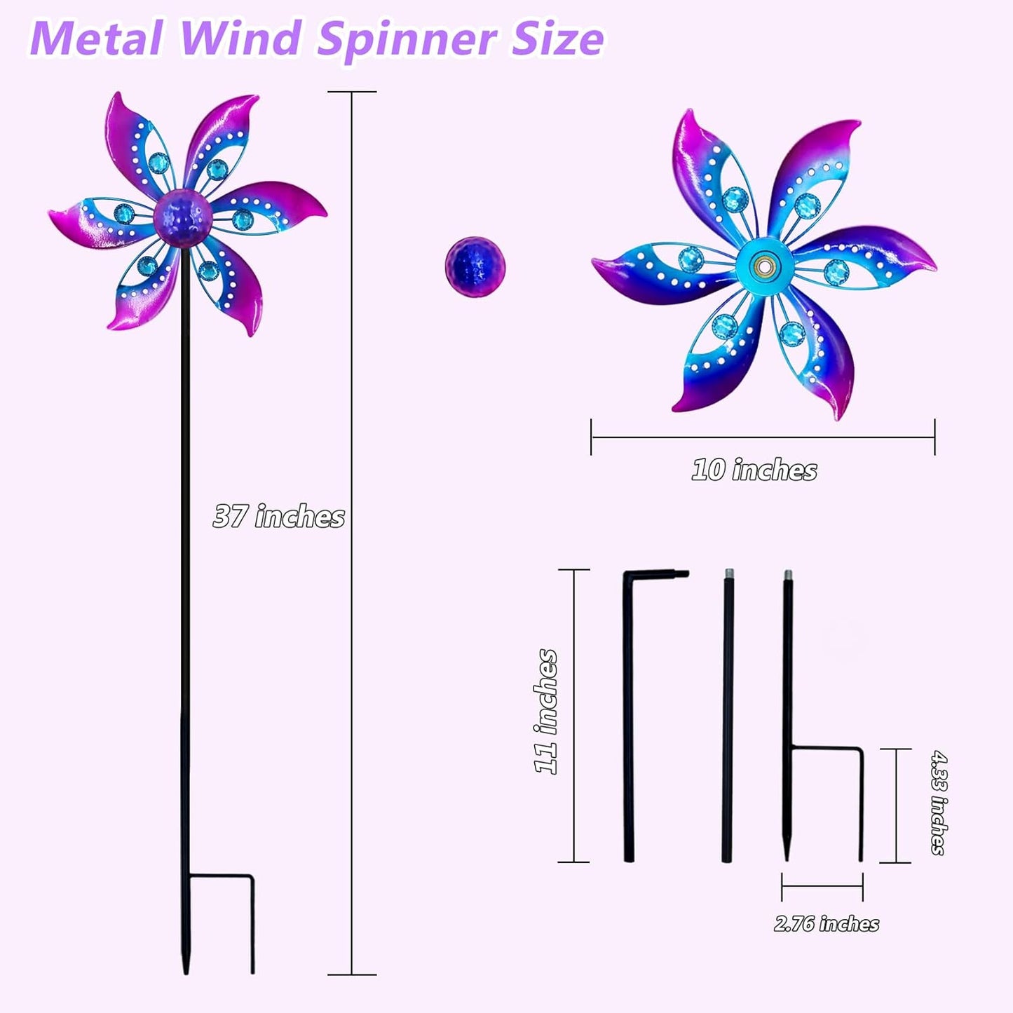 Wind Spinners Outdoor Metal, 10.63" W*37" H Pinwheels for Yard and Garden Decor, Kinetic Wind Sculpture Spinner Yard Art (Purple)