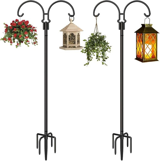 Outdoor Double Shepherds Hook with 5 Prong Base, 60 Inch Adjustable Heavy Duty Two Sided Bird Feeder Pole Stand for Hanging Plant Baskets, Solar Light Lanterns, Hummingbird Feeder, 2 Pack