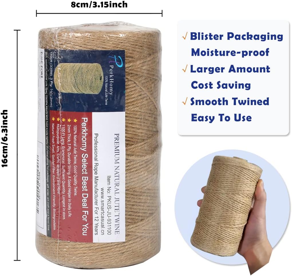 1100 Ft Natural Jute Twine String 2mm 3ply Thin Ribbon Hemp Twine for Craft Plant Gift Wrapping Christmas Handmade Arts Decoration Packing String Bulk (1100 Ft (330M))