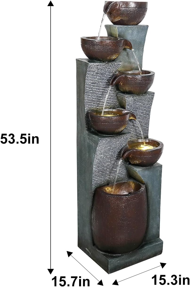 53.5” Tall 6-Tier Outdoor Water Fountain with LED Lights – Relaxing Cascading Resin Jar Waterfall for Garden, Patio, Backyard & Indoor Home Décor