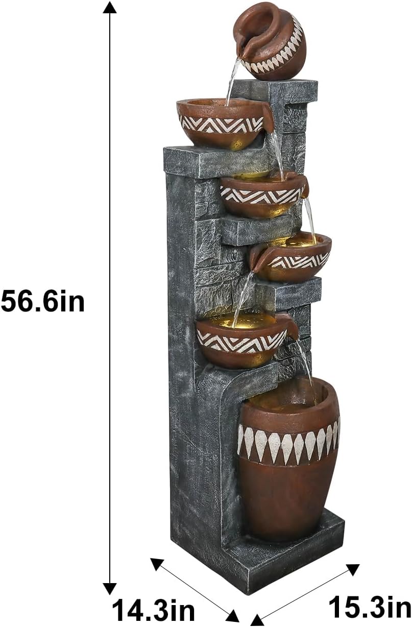 56.6in High Outdoor Indoor Water Fountain, 6-Tiered Poly-Resin Waterfall Fountain with LED Lights, Decorative Floor Standing Fountain for Garden, Patio, Yard, Home Decor