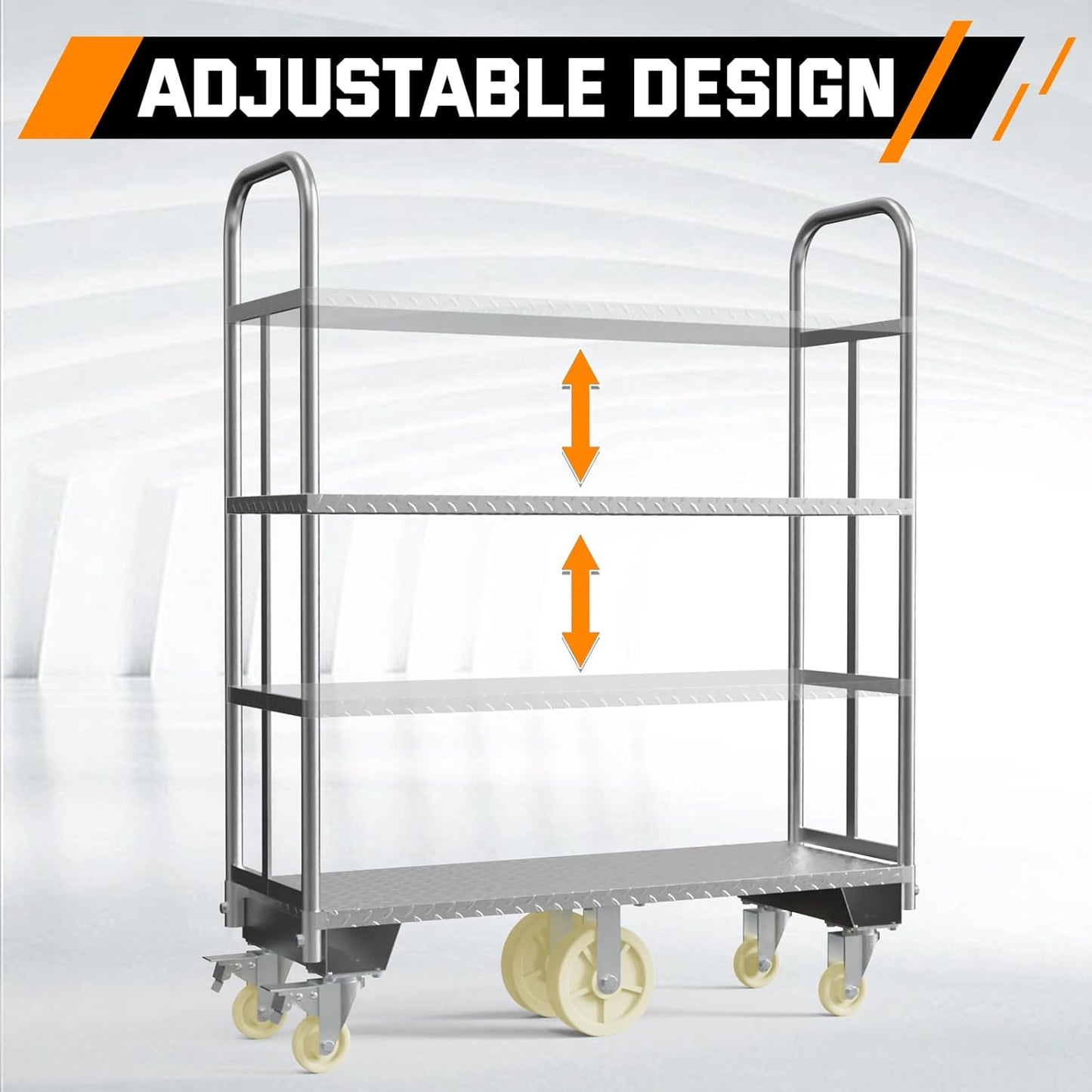 Two Tier U-Boat Platform Truck Cart, 16 x 48Inch Narrow Aisle Flatbed Truck w/6PCS Wheel Caster 2500LBS Weight Capacity Heavy Duty Platform Dolly with Removable Handles for Warehouse, Storage Room