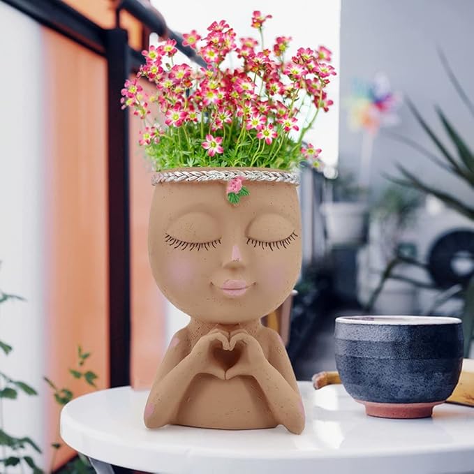 Meltset Face Planters Pots Head Unique Face Flower Pot Head Planter for Indoor Plants Cute Small Succulent Pots Indoor Plant Pot with Drainage,Great Gift (Brown Lady)